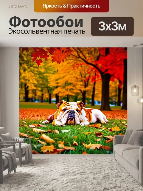 Фотообои бульдог, предающийся сну на траве в парке, окруженный листопадом осенью