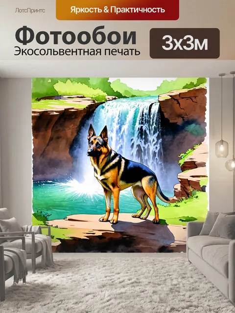 Фотообои немецкая овчарка стоит на краю скалы, глядя на водопад ниже