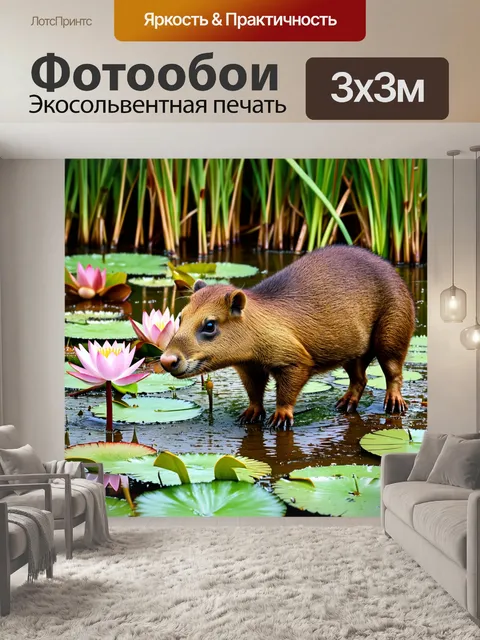 Фотообои капибара, кормящаяся на сыром заболоченном участке при ярком дневном свете, окруженная лотосами и камышами