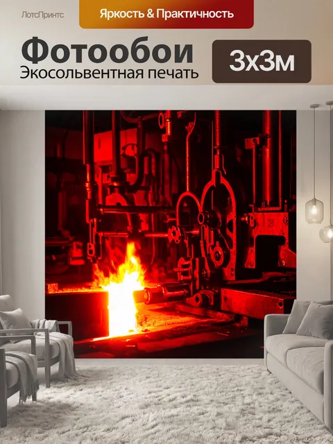 Фотообои ночь в стиле стимпанк, кузница, освещенная красным светом, с деталями механических орудий труда