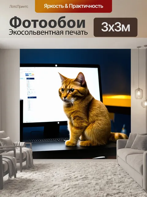 Фотообои кошка, сидящая на компьютере и смотрящая на экран