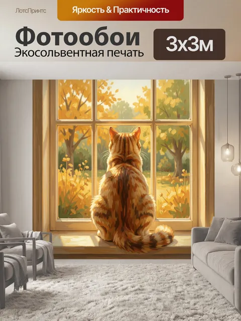 Фотообои Кот у окна с осенним садом