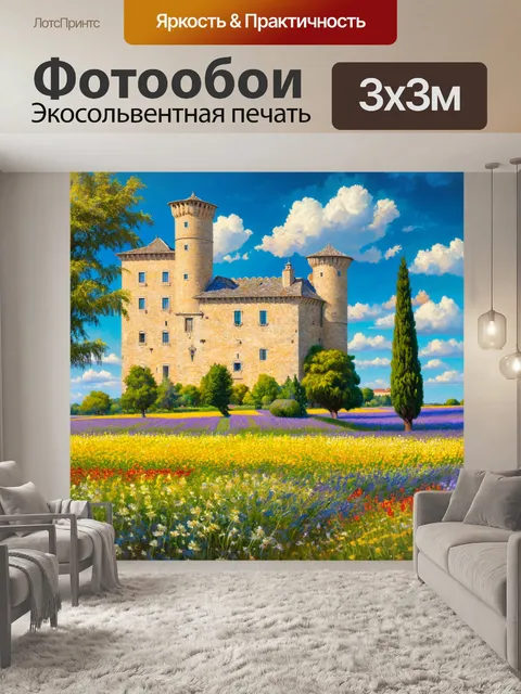 Фотообои прованс показывают старинный замок, окруженный полями цветов и зелеными лугами