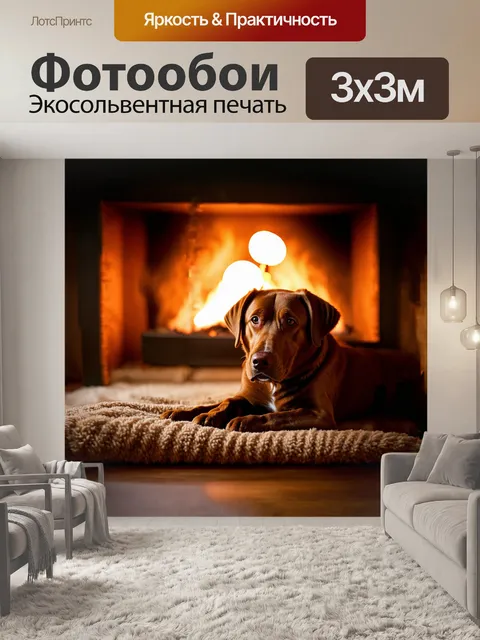 Фотообои лабрадор браун, лежащий у камина в уютной комнате, где свет лампы создает теплые тени