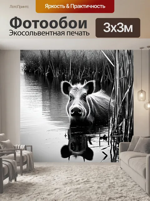 Фотообои кабан, выглядывающий из зарослей тростника на берегу спокойного озера, его мордочка отражает любопытство