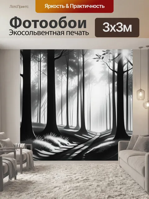 Фотообои пейзаж с лесом чернобелый
