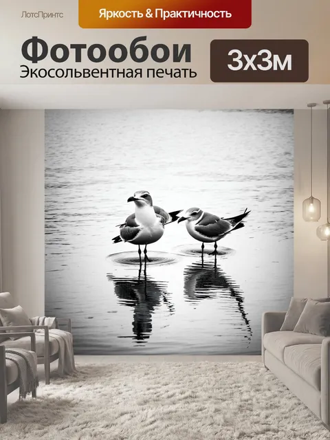 Фотообои чайки, ловящие рыбу на рассвете, отражения в воде создают атмосферу загадочности