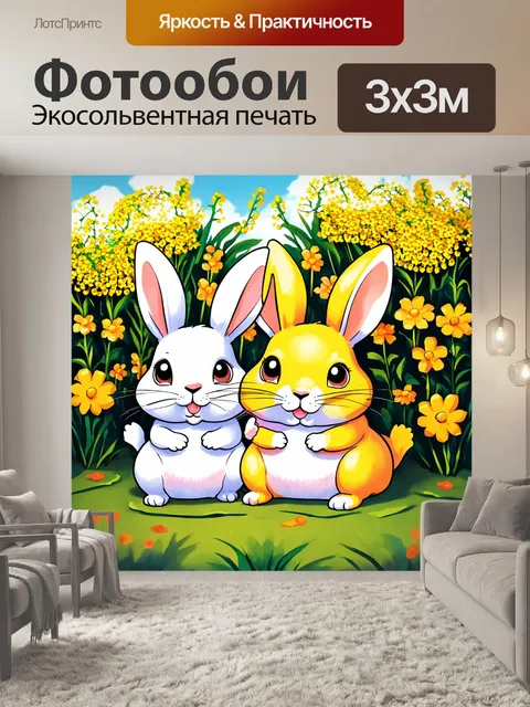 Фотообои промт: "замечательные кролики играют в прятки в цветущем саду, окруженном мимозами и яркими цветами