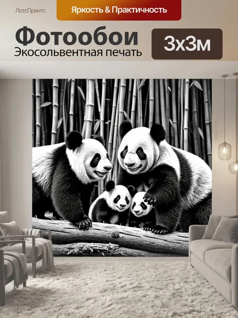 Фотообои животные в стиле черно-белый: семейство панд, нежно играющих друг с другом на фоне бамбука
