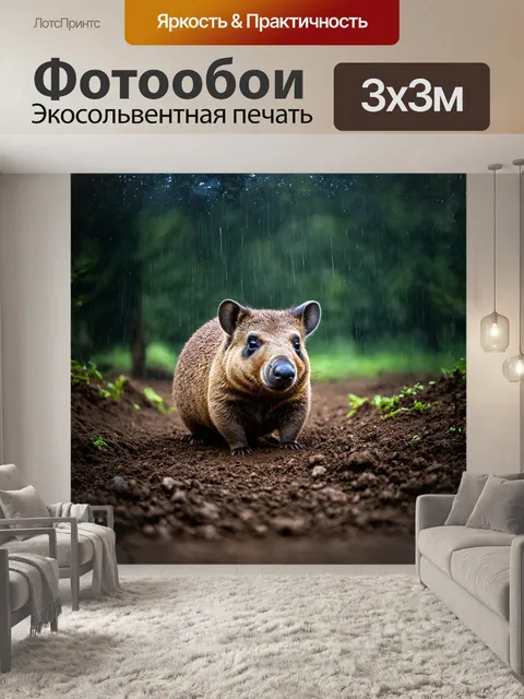 Фотообои вомбат, вылезающий из своей норы после дождя, вся окружающая природа полна влаги и свежести, а его шерсть…