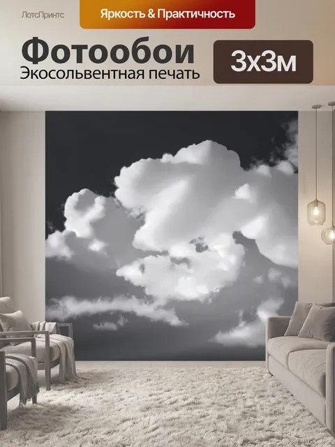 Фотообои черно-белый, где изображены реалистичные облака, скользящие по небу в различных формах и текстурах