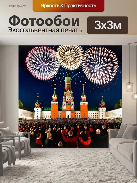 Фотообои россия кремль во время исторического праздника, яркие фейерверки, тысячи зрителей, радостная атмосфера
