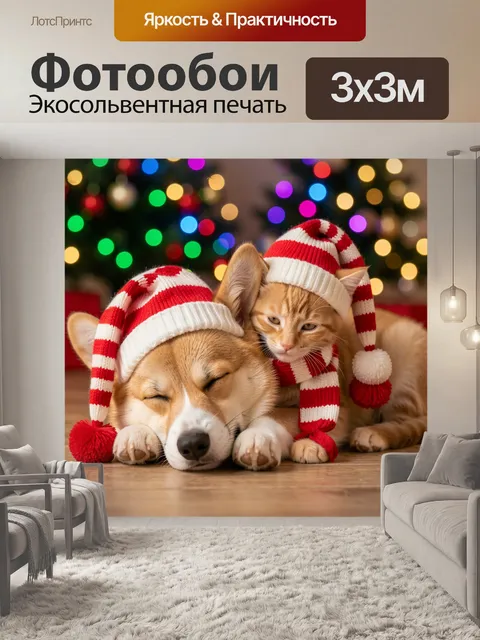 Фотообои Кот и щенок в новогодних шапках