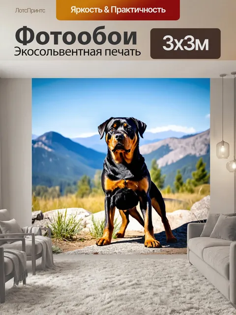 Фотообои ротвейлер на фоне гор, с ясным небом, смотрящий вдаль