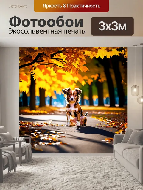 Фотообои малая собачка позирует на фоне парка в осеннюю пору, среди ярких желтых и оранжевых листьев