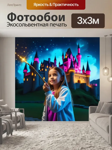 Фотообои принцесса с волшебной палочкой, замок светится вокруг