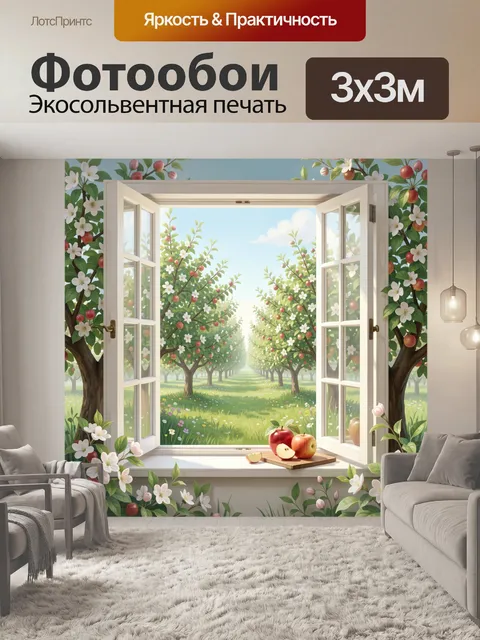 Фотообои Открытые окна в саду с цветущими деревьями