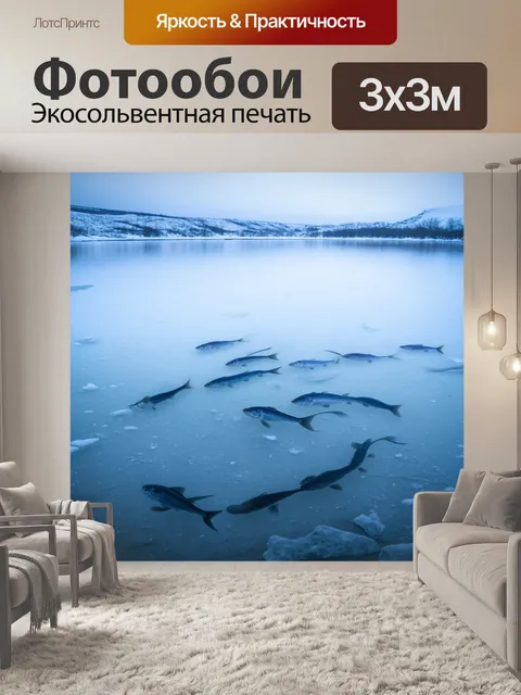Фотообои замороженное озеро, где рыбы мирно плавают под льдом, создавая минималистичную атмосферу