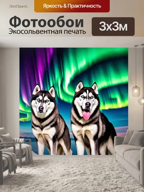 Фотообои хаски, стоящие на фоне великолепного северного сияния, яркие оттенки зеленого и пурпурного освещают их лица