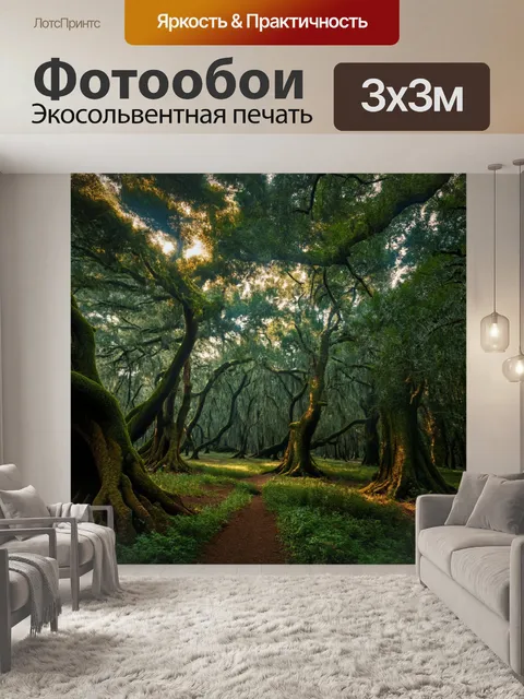 фотообои лес в стиле кинематографический: лес из древних деревьев с широкими кронами