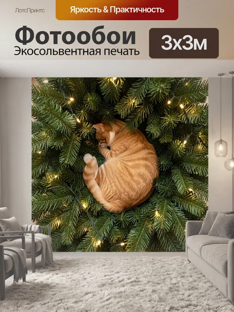 Фотообои Рыжий кот среди еловых веток