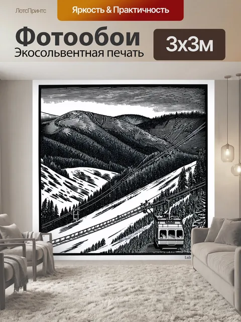 Фотообои изображение канатной дороги, которая, как змея, извивается вдоль крутых склонов гор, покрытых снегом