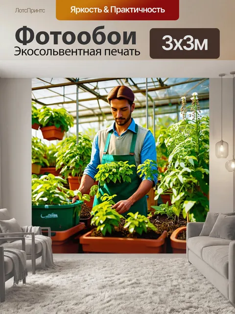Фотообои изобразите садовода, который ухаживает за цветущими растениями в теплице