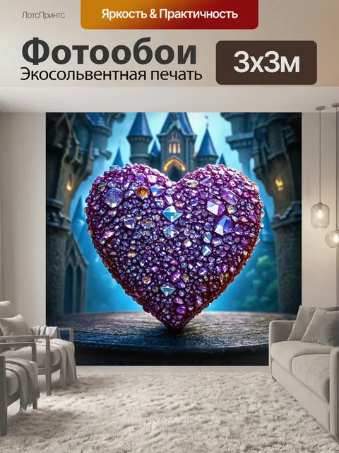 Фотообои сердце, покрытое кристаллами, на фоне загадочного замка