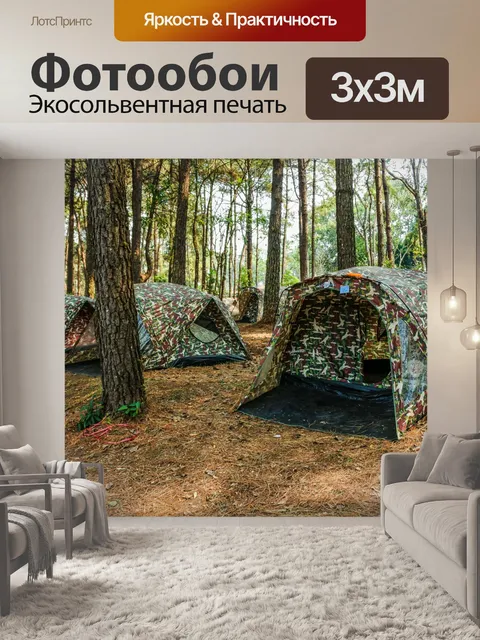 Фотообои Туристический лагерь в сосновом лесу на