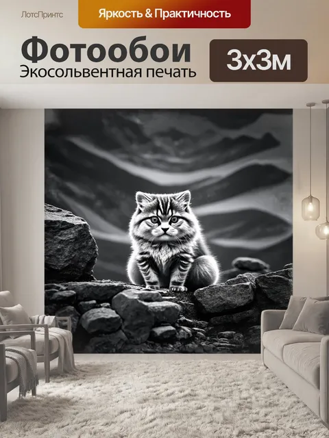 Фотообои манул, искусно спрятавшийся среди горных камней, с любопытством смотрит в сторону горизонта