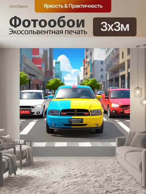 Фотообои машина в стиле мультяшный, чудесный город, полный цветных машинок