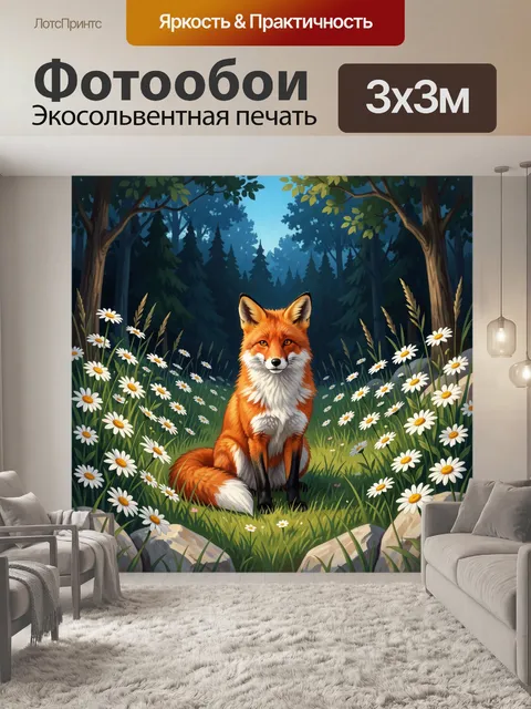 Фотообои Лиса среди ромашек в лесу