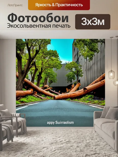 Фотообои улица, где современное здание гармонично сочетается со старыми деревьями, упавшими на землю, создавая…