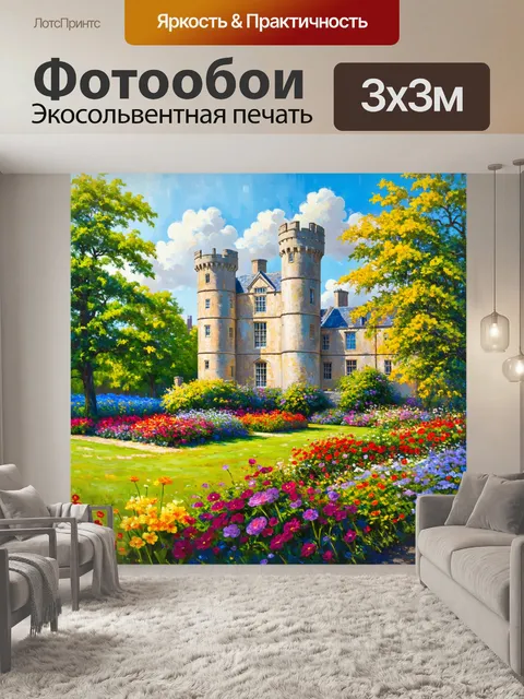Фотообои англия, живописный вид на древний замок, окружённый цветущими садами, где многолетние растения и цветы…