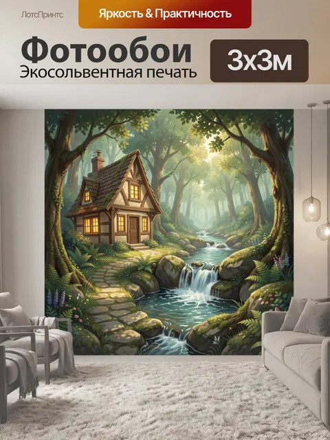 Фотообои Лесной домик у водопада
