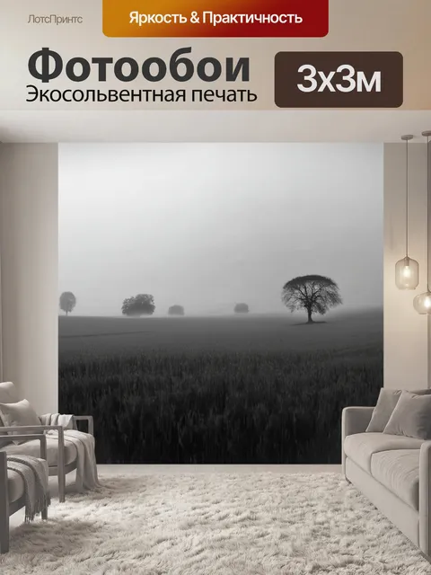 Фотообои черно-белый с широкой панорамой бескрайних полей под утренним туманом