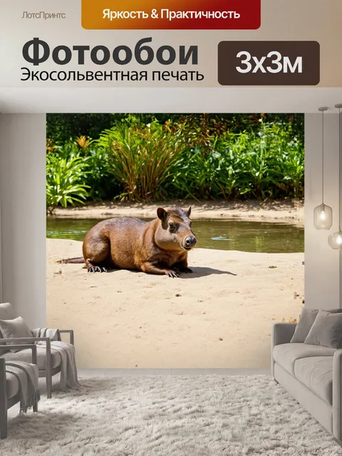 Фотообои капибара плавно лежит на песчаном берегу небольшого пруда