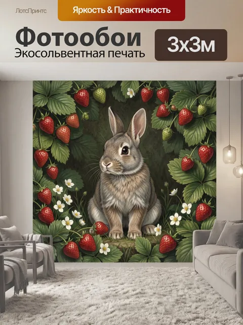 Фотообои Кролик среди клубники и цветов
