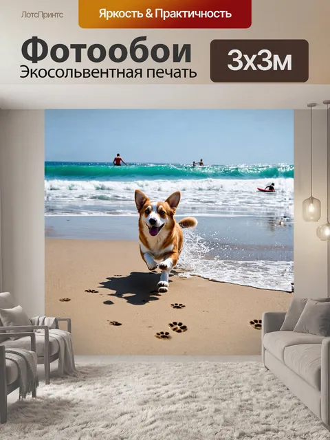 Фотообои на берегу шумного океана корги весело бегает по песку, оставляя следы у воды