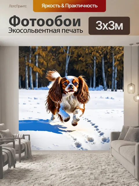 Фотообои кавалер кинг чарльз спаниель, который весело скачет по снежному полю, оставляя следы на белом снегу