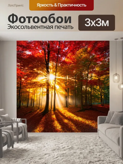 Фотообои осенний лес с красными деревьями и солнечными лучами, проникающими сквозь кроны, создающими золотистое сияние