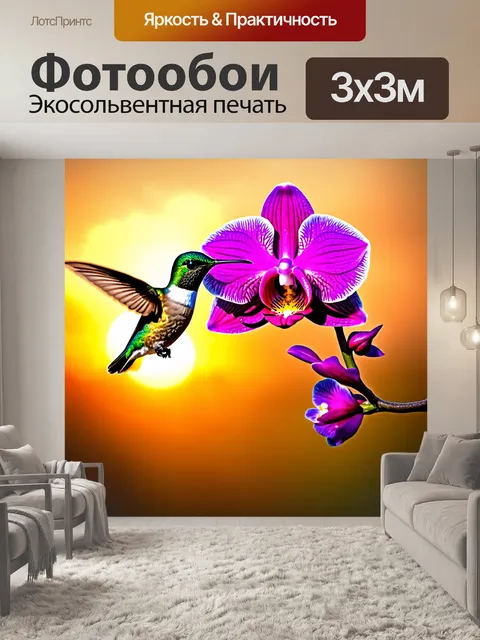 Фотообои колибри, парящий над цветущей орхидеей, с ярким задним фоном заката, детализированный эффект блеска и света
