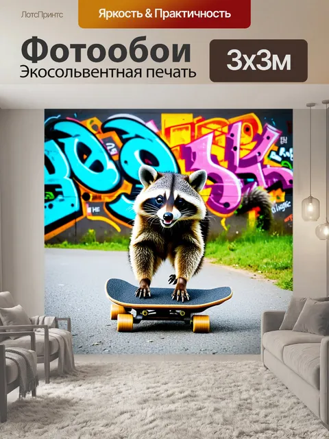 Фотообои улыбающийся енот, катающийся на скейте по заброшенной дороге, с ярким граффити на заднем плане, выполненный…