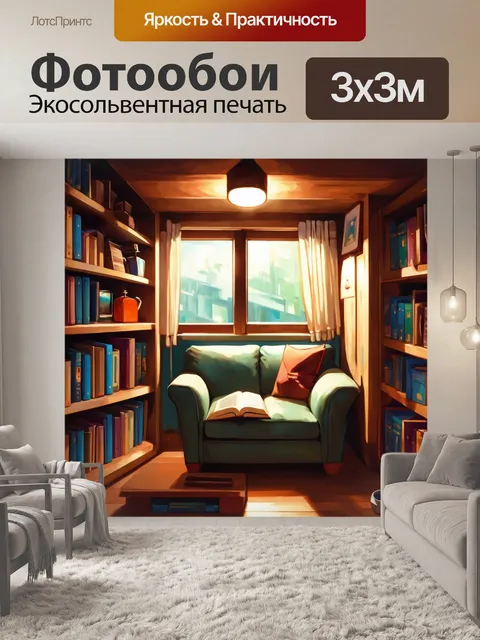 Фотообои дизайнерская иллюстрация уютного уголка для чтения с книжными полками и мягким освещением