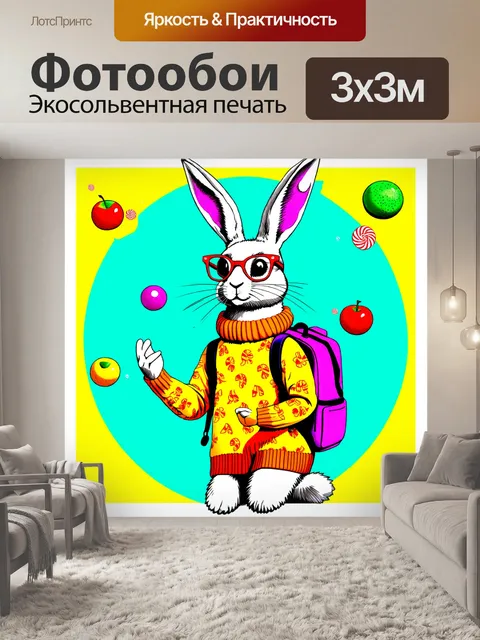 Фотообои заяц в ярком свитере и очках с забавными узорами, жонглирующий фруктами, с рюкзаком, полным конфет