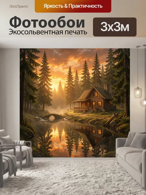 Фотообои Лесной домик у реки на закате