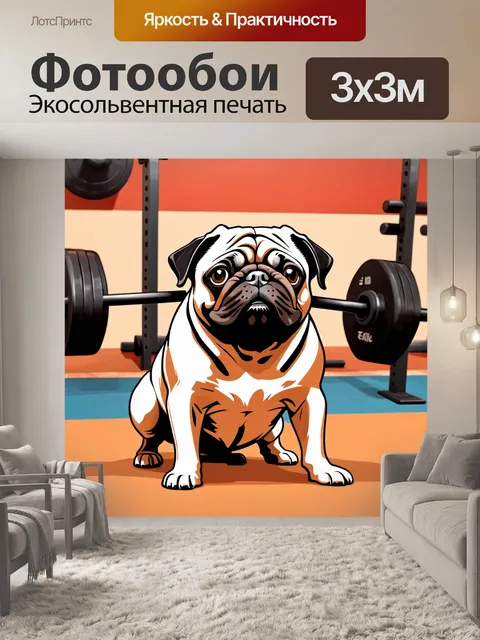 Фотообои мопс, работающий в спортзале в смешной позе, стиль современных иллюстраций с весёлыми, яркими деталями
