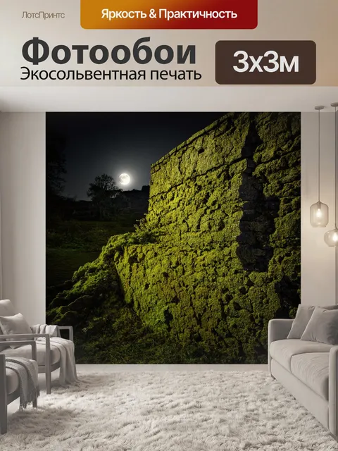 Фотообои ночь в стиле гранж, растрескавшаяся стена, мох и лишайники, тусклый лунный свет, тепло старинного пейзажа