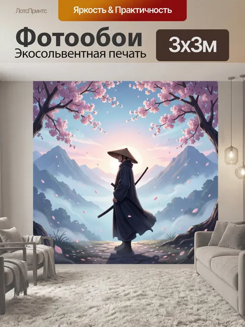 Фотообои Самурай среди цветущих сакур