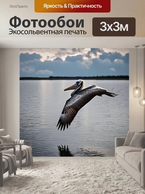 Фотообои пеликан в полете над спокойным озером, вода отражает вечерние облака